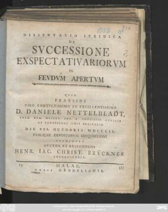 Dissertatio Ivridica De Svccessione Exspectativariorvm In Fevdvm Apertvm