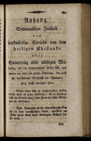 Anhang. Summarischer Innhalt und denkwürdige Sprüche von dem heiligen Ehestande ...