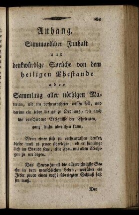 Anhang. Summarischer Innhalt und denkwürdige Sprüche von dem heiligen Ehestande ...