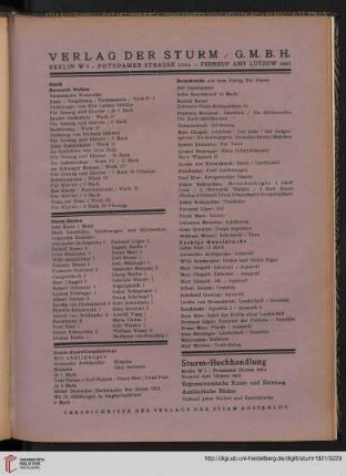 Verlag Der Sturm / Musik / Sturm-Karten / Sturm-Ausstellungskataloge / Kunstdrucke / Sturm-Buchhandlung