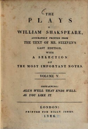 The Plays of William Shakspeare, 5. All's Well that Ends well. As you like it. - 392 S.