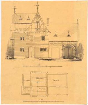 Wohnhaus mit Wagenremise: Grundriss 1:100, Aufriss 1:100