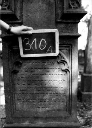 Grabstein 310 (Index: 100111996) Material: Sandstein Zustand: leicht verwittert Maße HxBxT: 2140x59x33 cm Beschreibung: Stele, profilierter Sockel, eingezogener Rundbogenabschluß mit Eckakroteren, Schriftfeld eingetieft mit Rundbogenabschluß Symbolik: Ranken, Rundbogenfries: Grabstein 310A