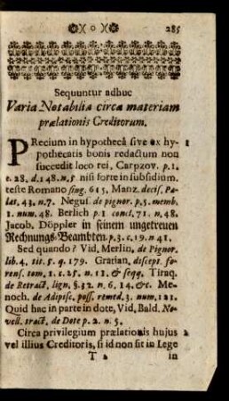 Sequuntur adhuc Varia Notabilia circa materiam praelationis Creditorum