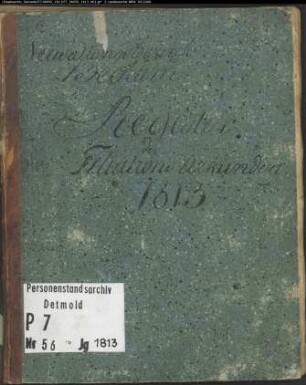 Zivilstandsregister der Munizipalität Beckum mit den Orten Beckum, Dolberg, Sünninghausen, Üntrop, Vellern (G 1813). (Gemeinde: Beckum, Kreis Beckum)