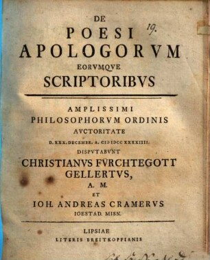 De Poesi Apologorvm, Eorvmqve Scriptoribvs