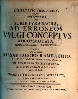 Dissertatio Theologica, Qva Hypothesis De Scriptvra Sacra, Ad Erroneos Vvlgi Conceptvs Adcommodata, Modesto Examini Svbiicitur