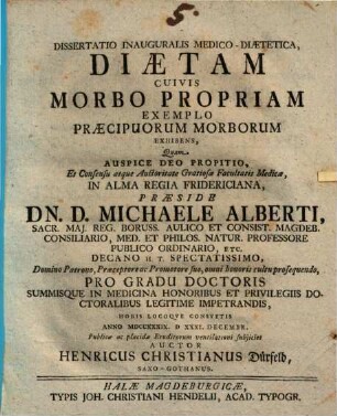Diss. inaug. med. ... diaetam cuivis morbo propriam exemplo praecipuorum morborum exhibens