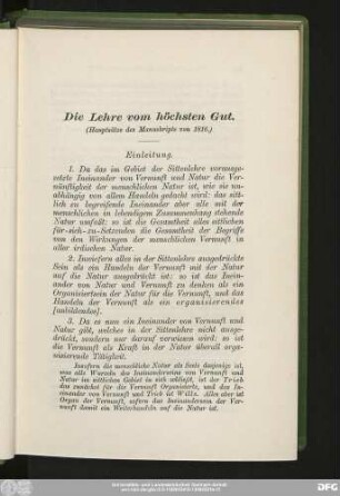 Die Lehre vom höchsten Gut. (Hauptsätze des Manuskripts von 1816.)