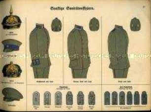 Uniformdarstellung, Schema der Helme, Waffenröcke, Hosen und Achselstücke von Bayerischen Sanitäts-Offizieren, Deutsches Kaiserreich, 1916.