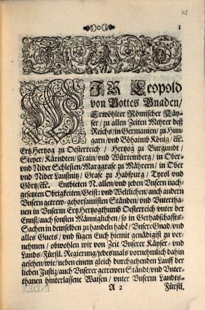 Der Röm. Kayser. auch zu Hungarn und Böhaimb etc. Königl. Majestät Herrn, Herrn Leopoldi Ertz-Hertzogens zu Oesterreich, Unsers allergnädigisten Herrn und Lands-Fürstens etc. Newe Gerhabschaffts-Ordnung In dero ErtzHertzogthumb Oesterreich unter der Ennß