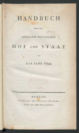 1794: Handbuch über den Königlich Preußischen Hof und Staat