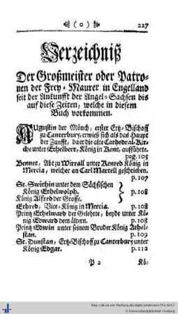Verzeichnis der Groß-Meister in Engelland, welche in diesem Buch vorkommen