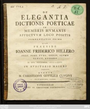 De Elegantia Dictionis Poeticae In Membris Hvmanis Affectvvm Loco Positis Commentatio Prima
