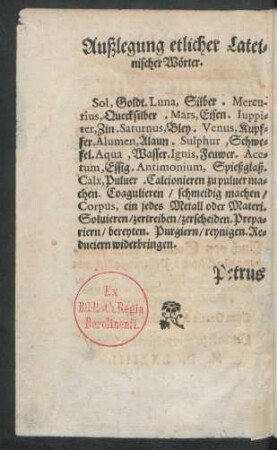 Außlegung etlicher Lateinischer Wörter.