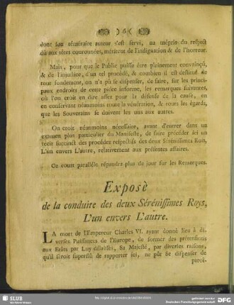 Exposè de la conduite des deux Sérénissimes Roys, L' un envers L'autre