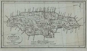 Charte von Jamaica : In Kirchspiele eingetheilt, und mit den Poststrassen. - [Ca. 1:840.000]. - Weimar : Verlag des Geographischen Instituts, 1805. - 1 Kt. : Kupferst. ; 29 x 16 cm. - Maßstab in graph. Form (Teutsch. Meilen, Engl. Meilen). - Mit Bergstrichen