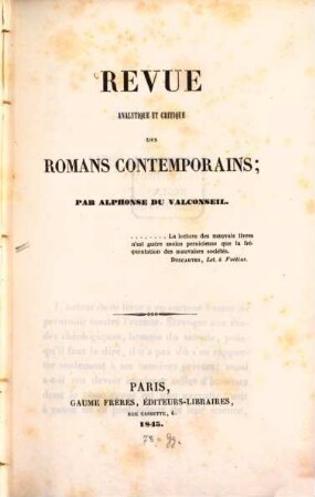 Revue analytique et critique des romans contemporains. 1