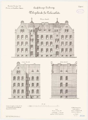 Kavalleriekaserne, Münster: Familienwohnhaus: Aufriss Vorderansicht, Rückansicht, Seitenansicht 1:100