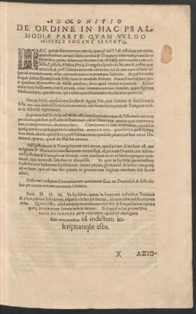 Admonitio De Ordine In Hac Psalmodiae Parte Quam Vulgo Missale Vocant Servato.