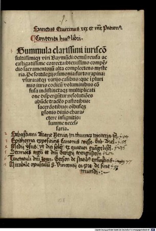 Summula clarissimi iurisconsultissimique viri Raymundi : demum revisa ac castigatissime correcta, brevissimo compendio sacramentorum alta complectens mysteria ; de sortilegiis, simonia, furto, rapina, usuria, atque variis casibus ...