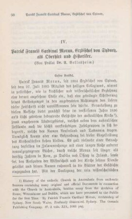 50-64 Patrick Francis Cardinal Moran, Erzbischof von Sydney, als Oberhirt und Historiker : I.