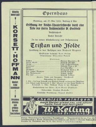 Besetzungszettel zur Neuinszenierung "Tristan und Isolde" von Richard Wagner unter Leitung von Karl Böhm als Eröffnungsvorstellung der 1. Reichs-Theaterfestwoche 1934. Sächsische Staatsoper, 27. Mai 1934. Innenblatt in: Programmheft Sächsische Staatstheater, Opernhaus Dresden. Druck; 21,5 x 15,5 cm. Dresden: SLUB Z. 4. 7-1934
