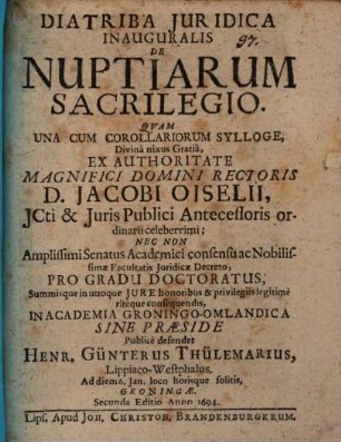 Diatriba iuridica inauguralis de nuptiarum sacrilegio