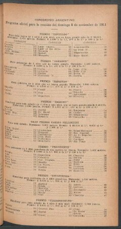 Hipódromo Argentino - Programa oficial para la reunión del domingo 5 de noviembre de 1911