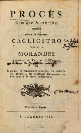 Procès comique et instructif pendant entre le fameux Cagliostro et le Sr. de Morandes