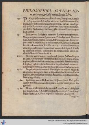 Philosophici, Artivm Hvmaniorum, & alij miscellanei libri.