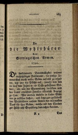 An die Wohlthäter der Göttingischen Armen. 1791.