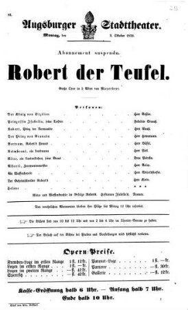 Augsburger Stadttheater. Montag, den 3. Oktober 1859. Abonnement suspendu. Robert der Teufel. Große Oper in 5 Akten von Mayerbeer