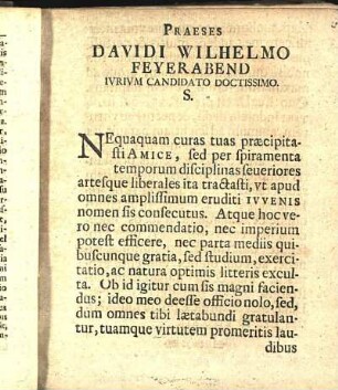 Praeses Davidi Wilhelmo Feyerabend Ivrivm Candidato Doctissimo. S.