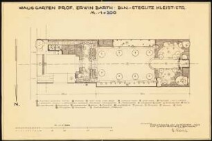 Garten Barth, Berlin-Steglitz: Garten im Grundriss mit Bezeichnung einzelner Teile und Legende 1:200, Maßstabsleiste