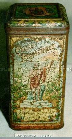 Blechdose für "CACAO PROMETHEUS Joh. Gottl. Hauswaldt MAGDEBURG."