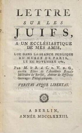 Lettre sur les Juifs, à un ecclésiastique de mes amis : lue dans la séance publique du Musée de Paris, le XXI novembre 1782