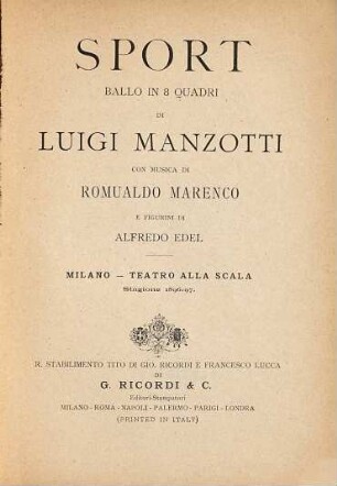 Sport : ballo in 8 quadri ; Milano, Teatro alla Scala, stagione 1896-97