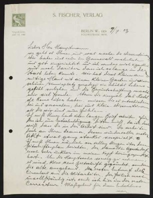Brief von Samuel Fischer von S.-Fischer-Verlag  an Gerhart Hauptmann