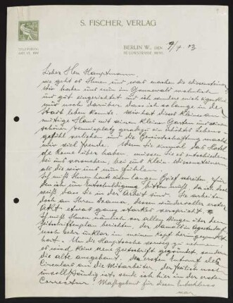 Brief von Samuel Fischer von S.-Fischer-Verlag <Berlin> an Gerhart Hauptmann