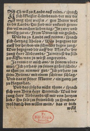 JCh wil zu Landt auß reiten/ sprach || sich Meister Hiltebrand/