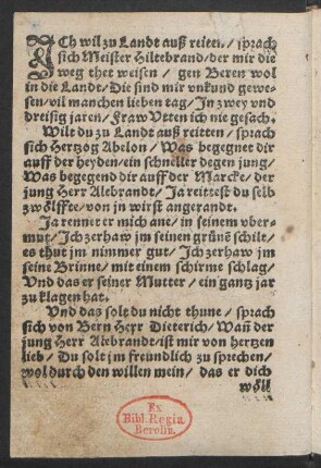 JCh wil zu Landt auß reiten/ sprach || sich Meister Hiltebrand/