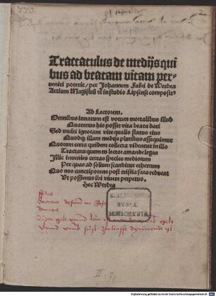 Tractatulus de mediis, quibus ad beatam vitam perveniri poterit : mit Gedicht an den Leser