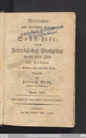 Vierter Theil: Vom ersten bis zum zehnten Trinitatissonntage