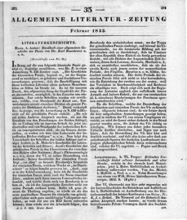 Rosenkranz, K.: Handbuch einer allgemeinen Geschichte der Poesie. T. 1. Geschichte der orientalischen und der antiken Poesie. Halle: Anton 1832 (Beschluss von Nr. 34)