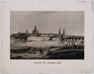 Stadtansicht von Dresden, Blick vom Neustädter Ufer nach Südwesten über die Elbe auf die Altstadt und die Augustusbrücke