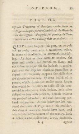 Chap. VIII. Of the treatment of foreigners who trade to Pegu ...