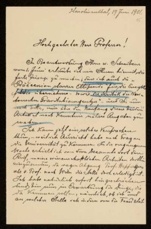 Nr. 15 Brief von Samuel Oppenheim an Karl Schwarzschild. Karolinenthal, 19.6.1901