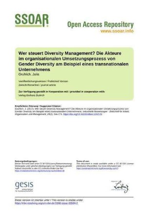 Wer steuert Diversity Management? Die Akteure im organisationalen Umsetzungsprozess von Gender Diversity am Beispiel eines transnationalen Unternehmens