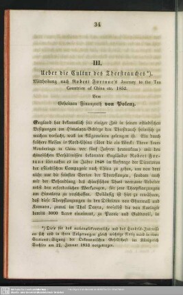 III. Ueber die Cultur des Theestrauches. : Mittheilung nach Robert Fortune's Journey to the Tea Countries of China etc. 1852.